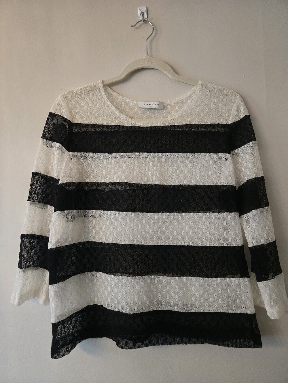 Sandro [Size 2, Medium] Black and White Stripe Coquette Nautical Lace Sheer Top
